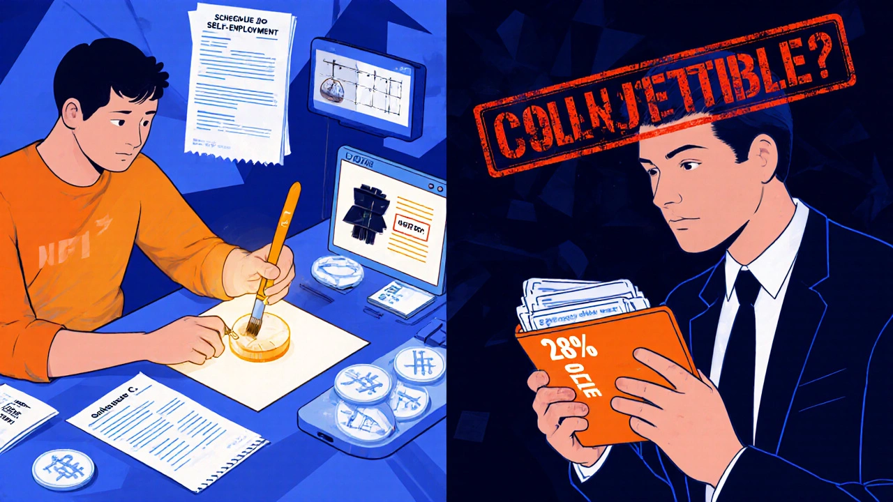 An artist minting an NFT on one side, an investor facing a 28% tax stamp on the other, in vibrant Memphis design.