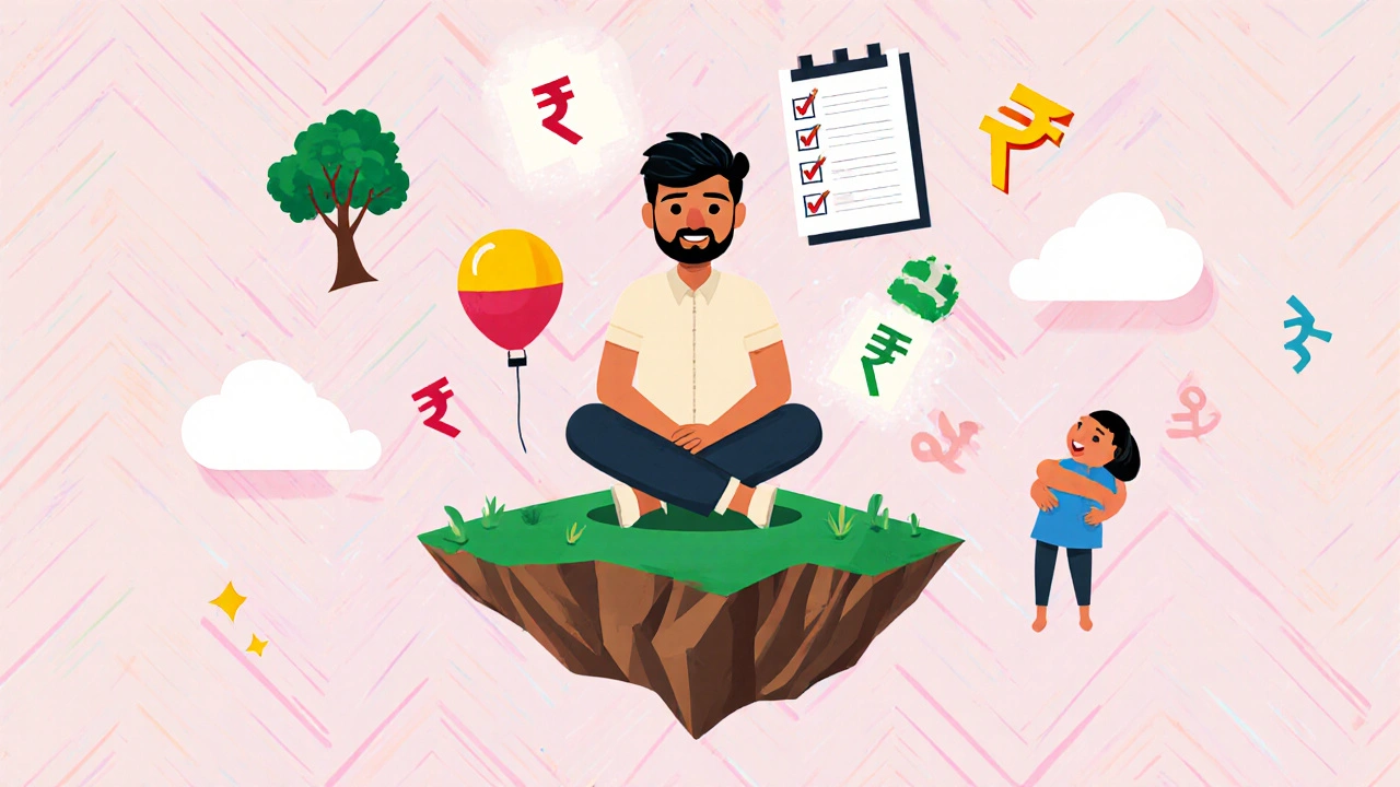 An Indian engineer surrounded by bouncing fund icons in a geometric floating landscape.