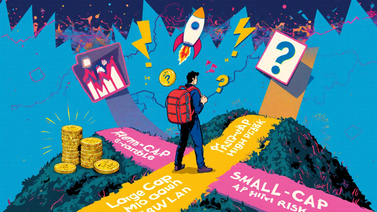 An investor at a crossroads with three paths labeled by stock categories, surrounded by financial icons in bold Memphis style.