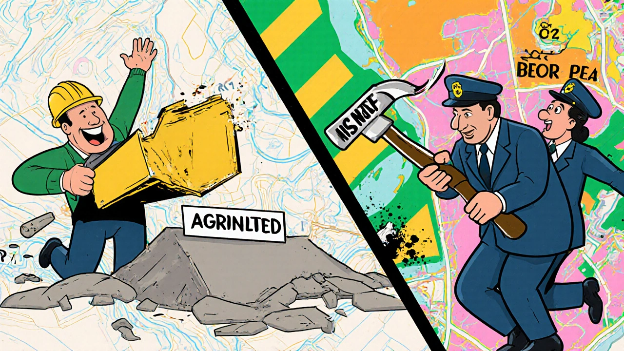 Builder constructing on illegal land while officials demolish it, surrounded by zoning zone icons.