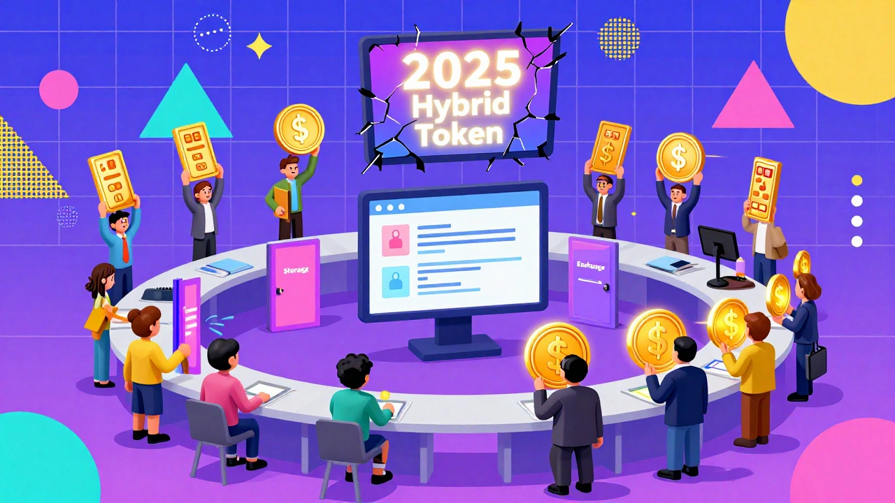 Cartoon figures using different tokens to access services, vote, and earn profits in a vibrant abstract city.