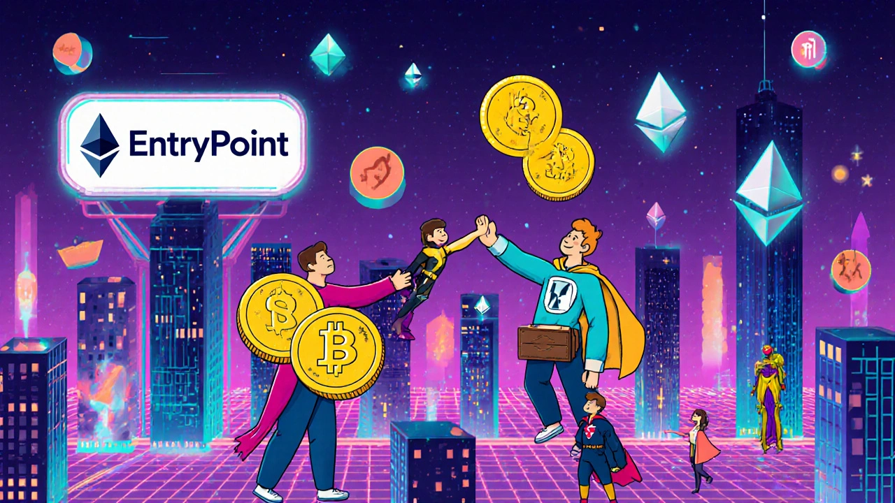 Cartoon users sending transactions with USDC coins in a neon city, bundlers carrying bundles, glowing EntryPoint sign in background.