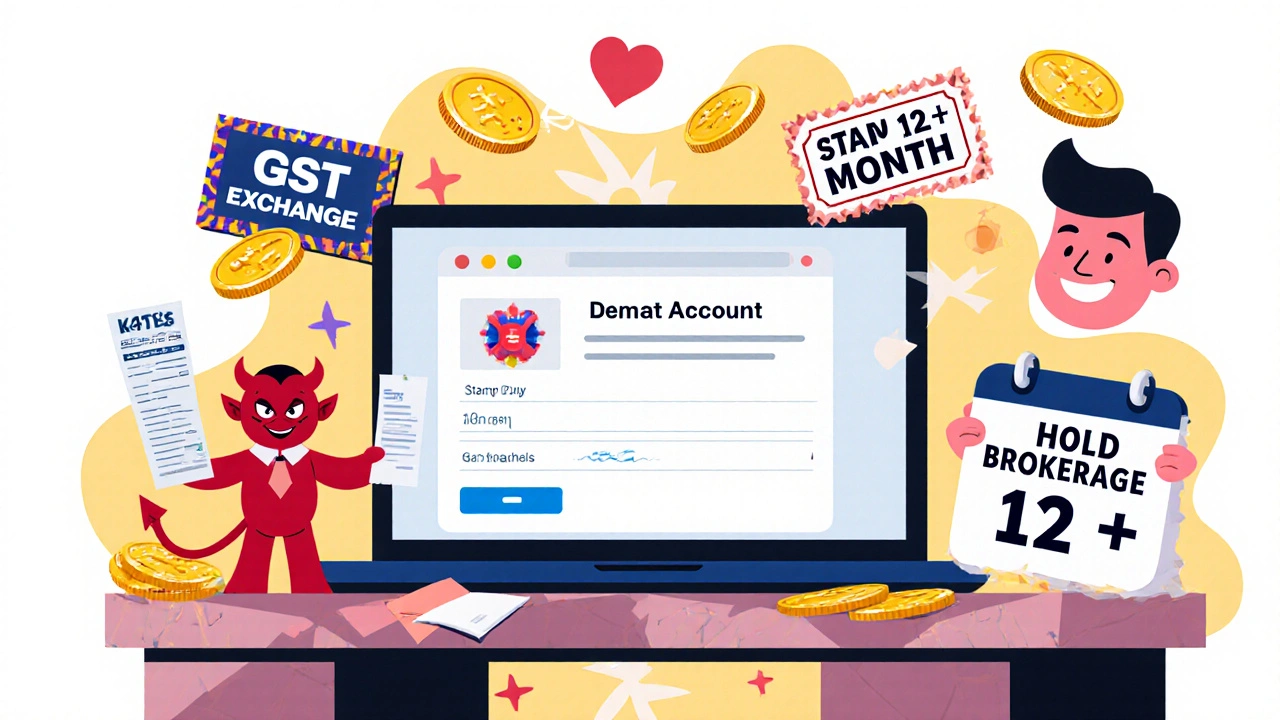 Chaos on a desk with GST devils, stamp duty stamps, and an investor ignoring it all.