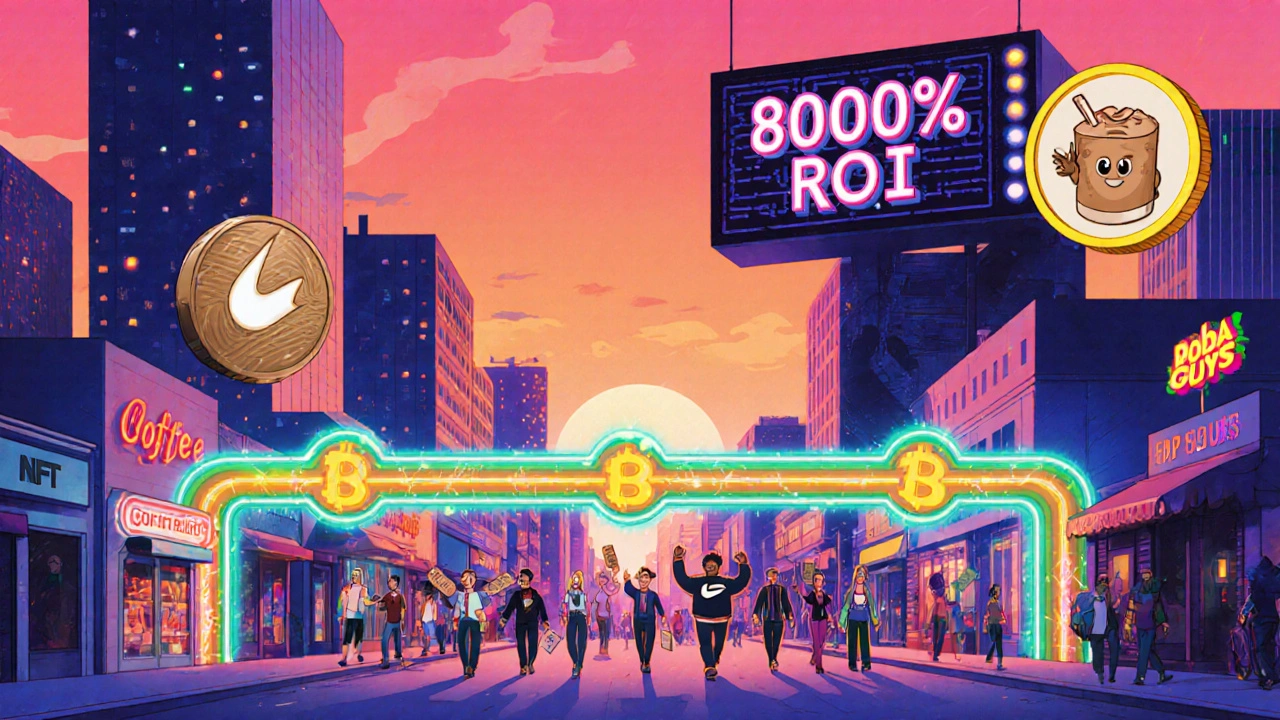 City connected by token bridges with Nike and Boba Guys NFTs trading