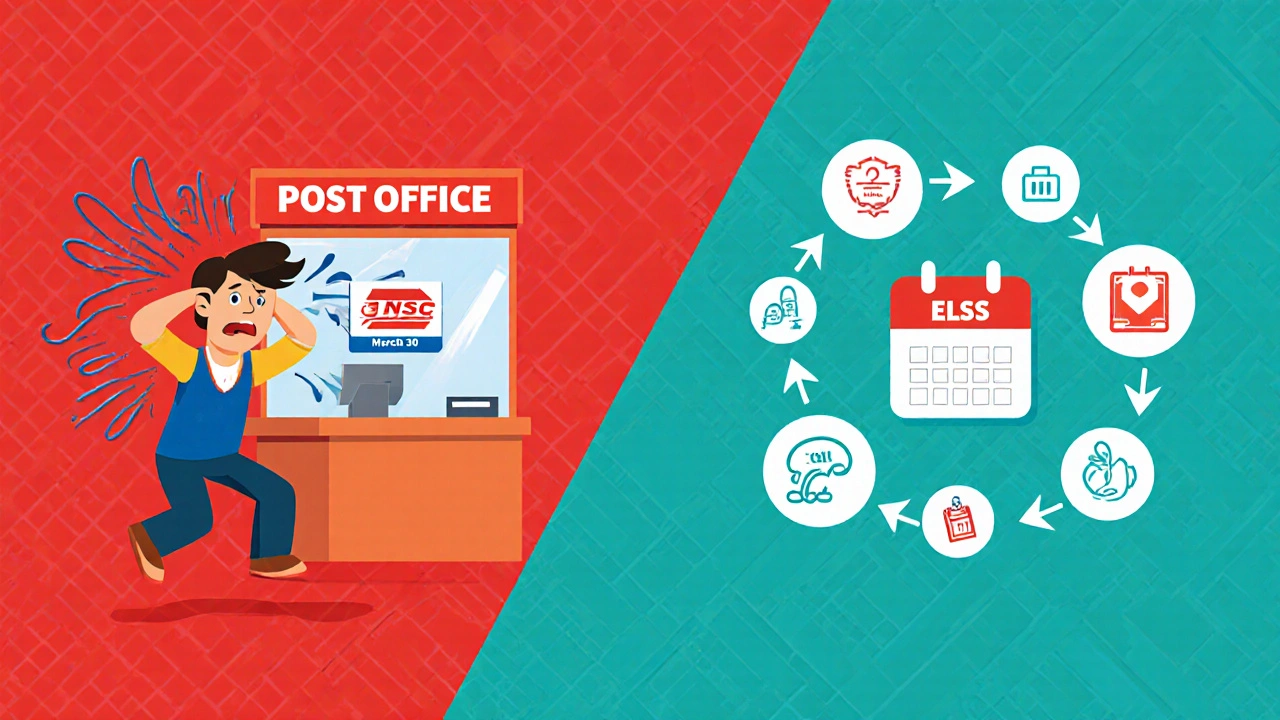 Contrasting scenes of last-minute tax panic vs. calm monthly investing in bold geometric Memphis design.