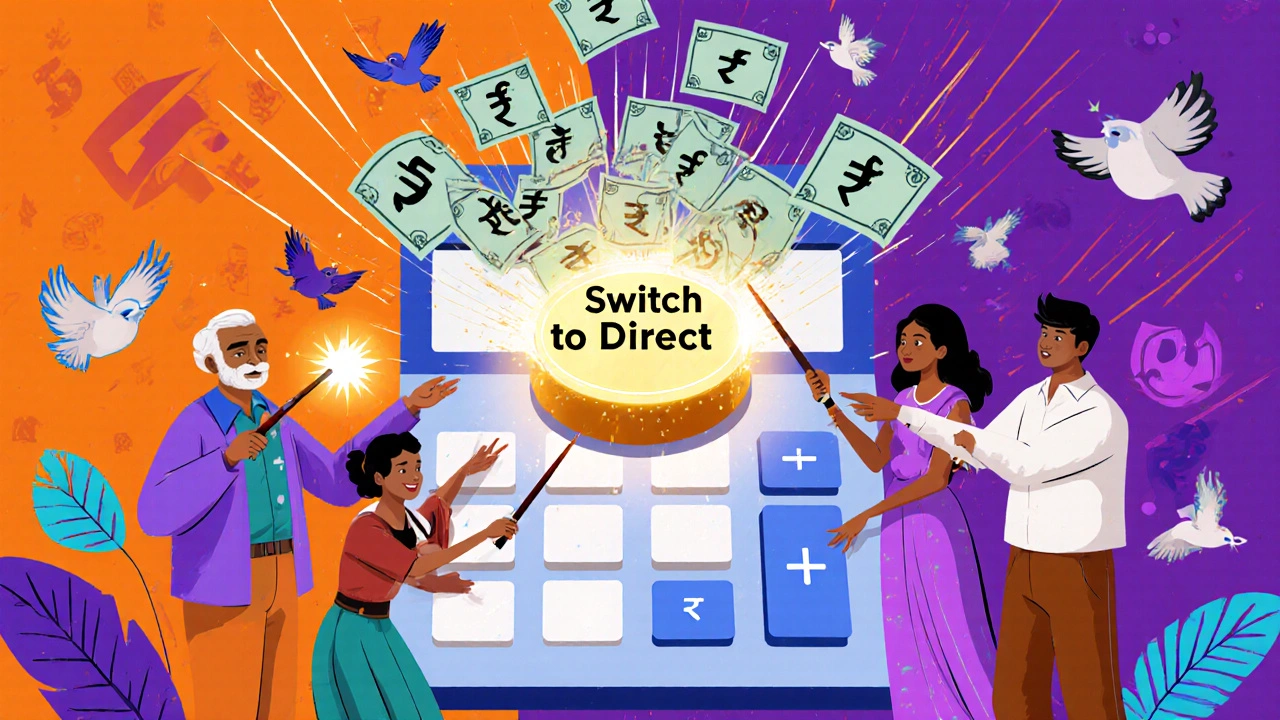 Diverse people pressing &#039;Switch to Direct&#039; buttons, releasing rupee notes shaped like birds
