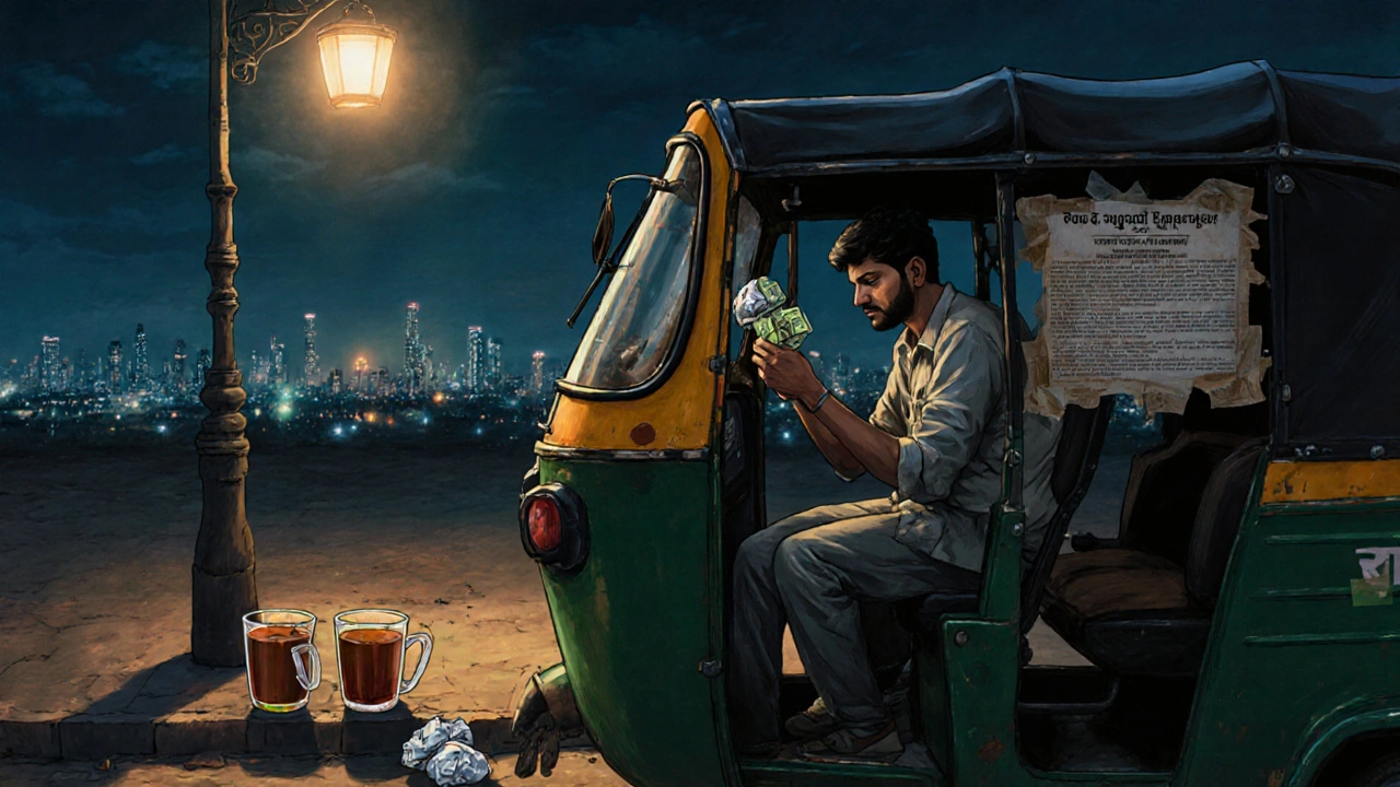 Driver counting cash under a streetlamp at night, rental agreement visible on auto rickshaw window.