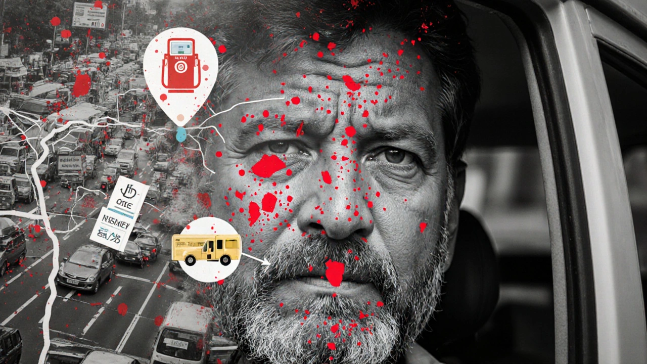 Face of auto driver blended with Mumbai traffic map, fuel bills, and electric charging icons.