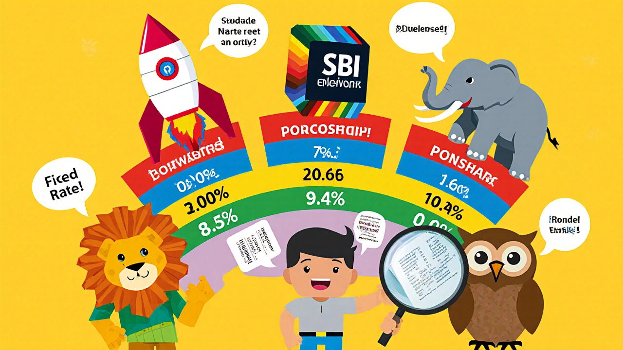 Five stylized lender characters competing with interest rates on a rainbow leaderboard, surrounded by hidden fee bubbles.