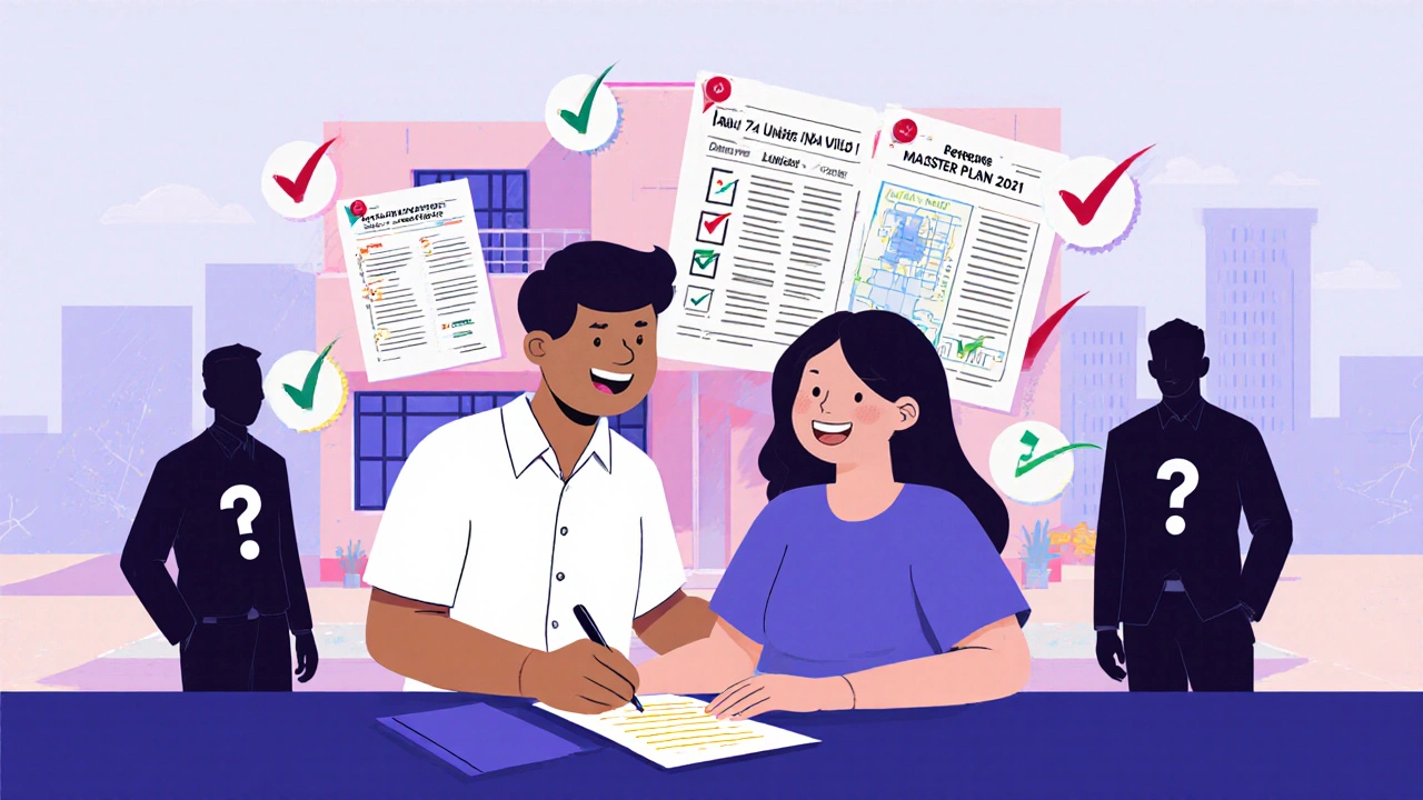 Happy couple beside their villa with verified documents floating around them in vibrant Memphis style.