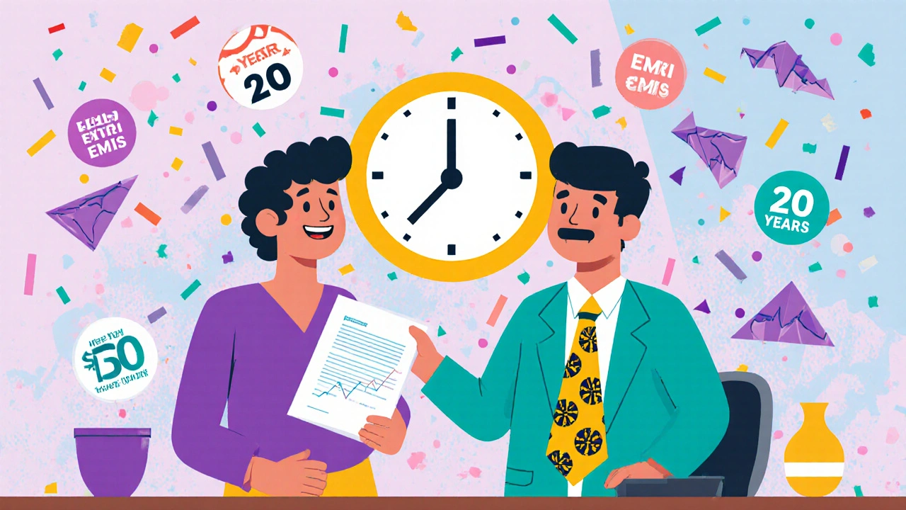 Homebuyer negotiating loan rate with bank teller, while extra payments reduce loan term from 30 to 20 years.