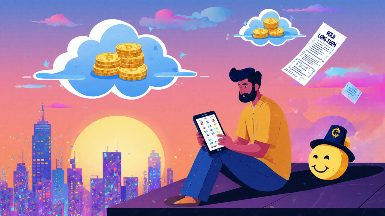 Indian investor on rooftop surrounded by floating crypto coins and tax receipts, with geometric clouds and a smiling crypto moon.