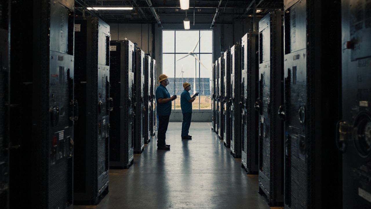 Massive crypto mining warehouse with thousands of ASICs under bright lights, powered by renewable energy.