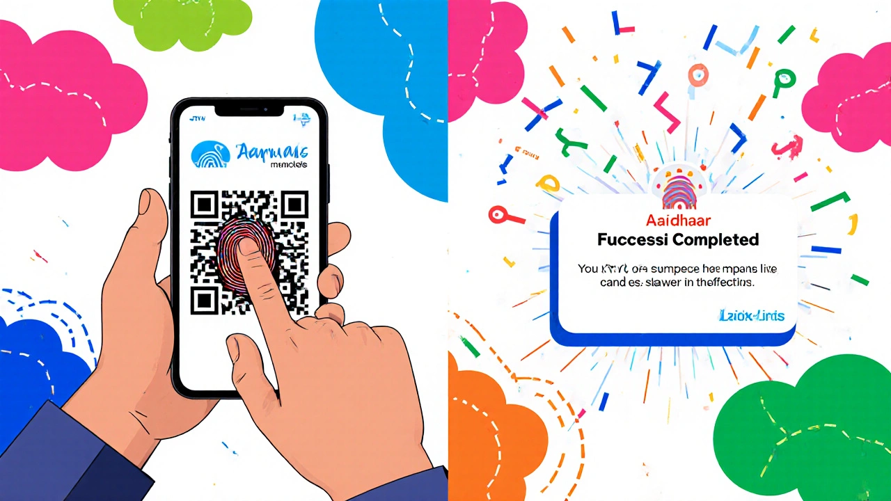 Person using smartphone for e-KYC with fingerprint scan and notification confetti