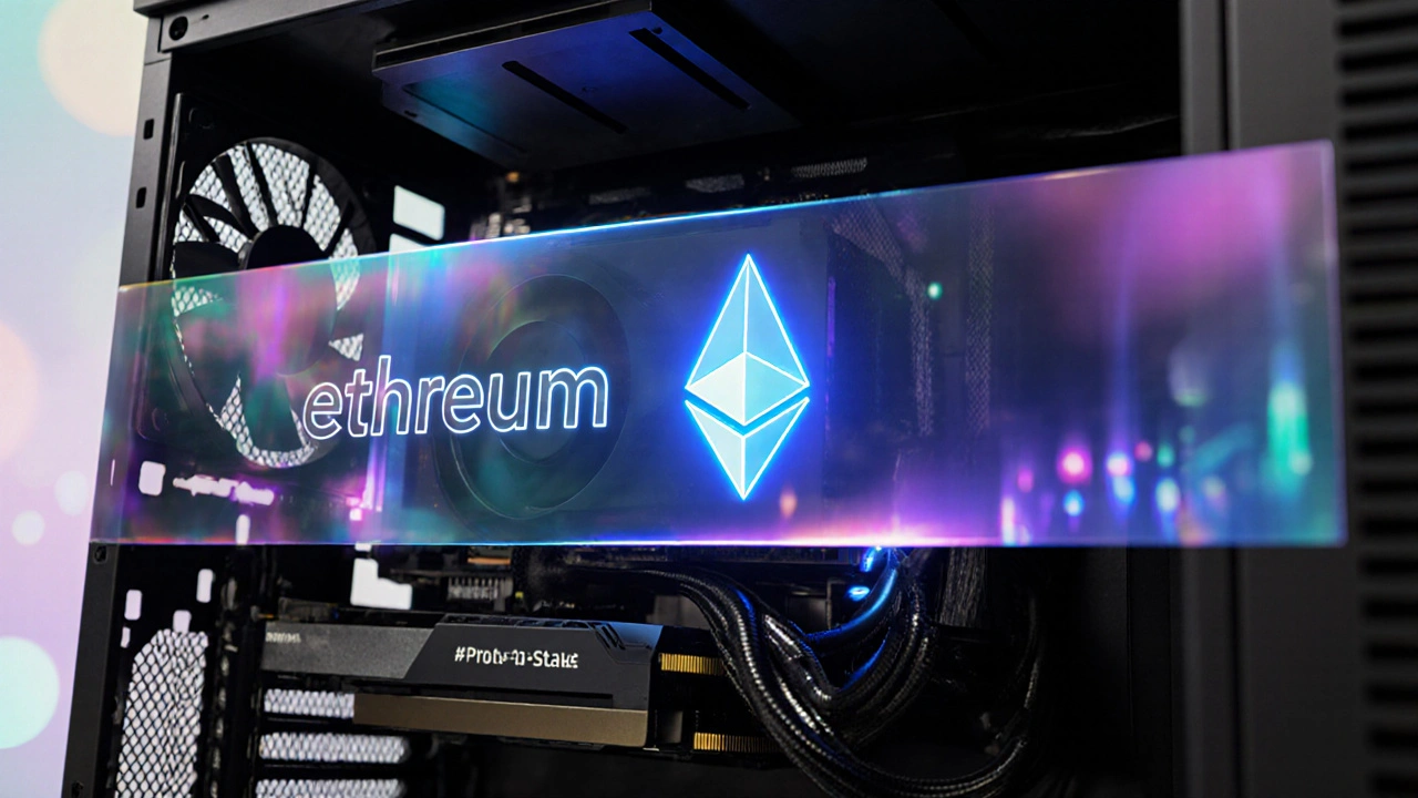 RTX 4090 graphics card with a fading Proof-of-Stake banner symbolizing the shift from mining.