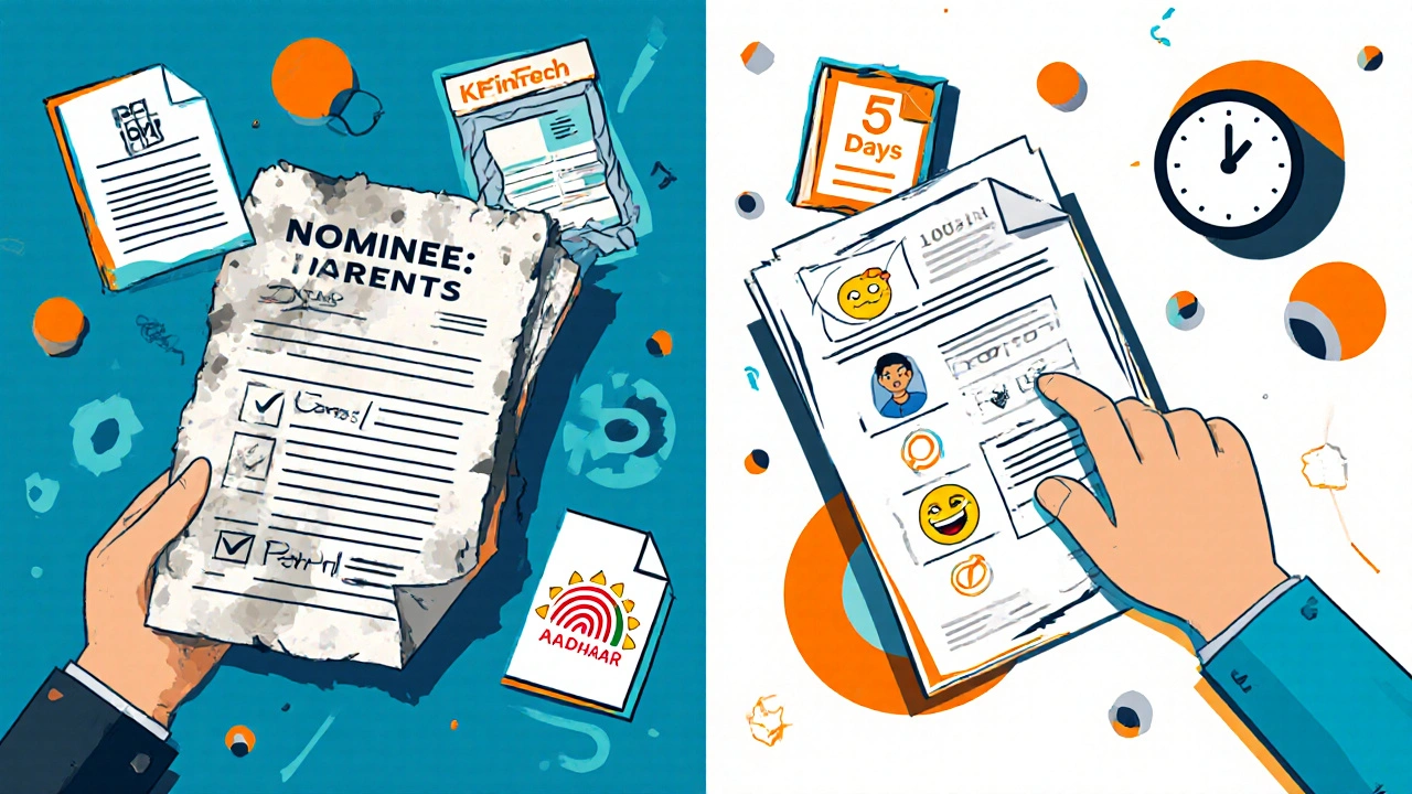 Split image showing old nominee details being updated to new ones with happy icons and registrar logos.