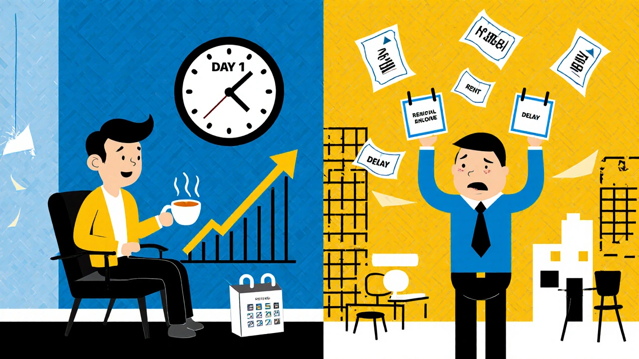 Split scene: calm buyer with rental income graph vs stressed investor juggling bills and flying calendars.