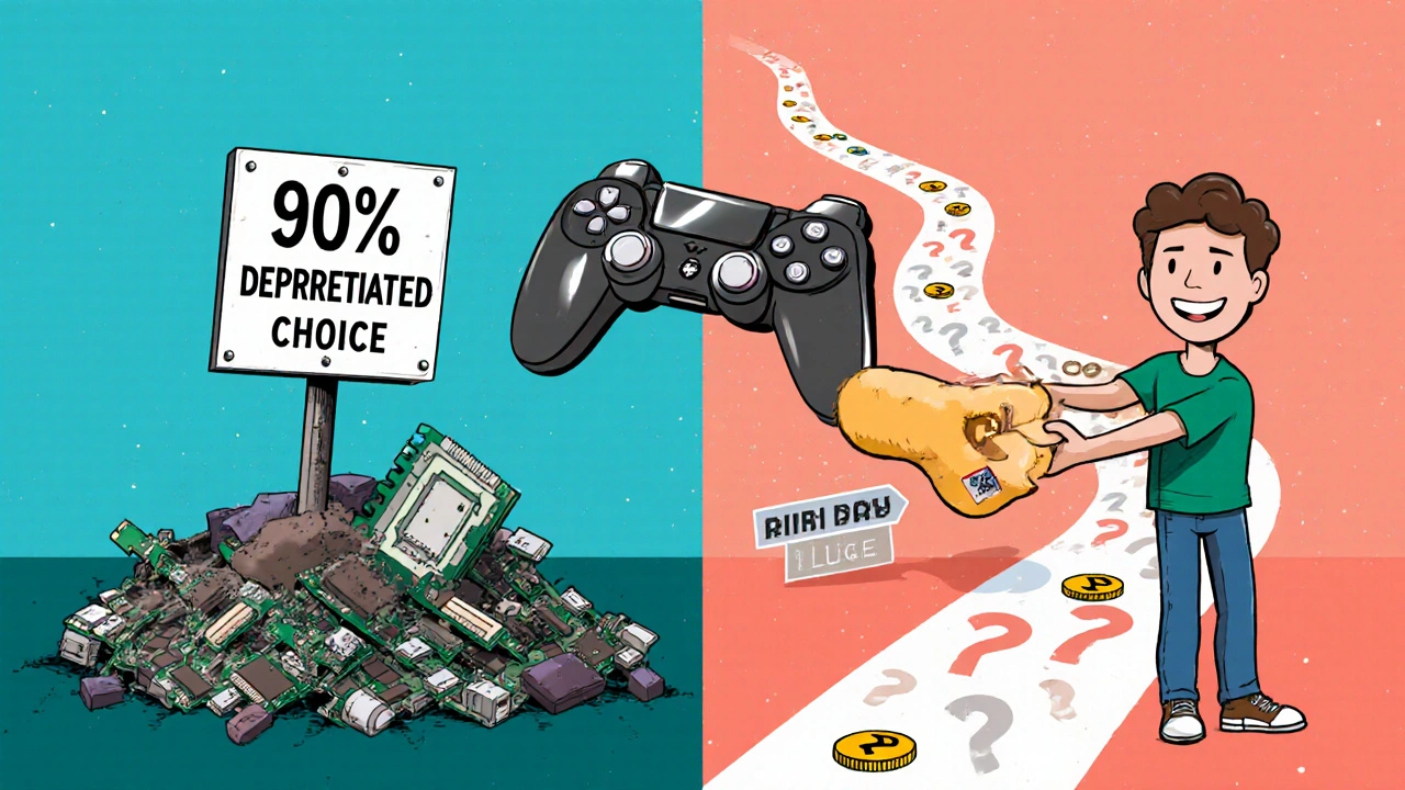 Split scene: old ASIC buried vs. GPU handed to gamer with resale value sticker