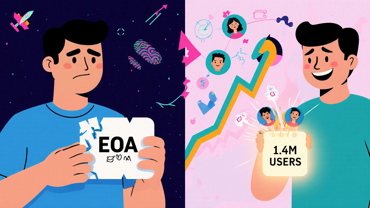 Split scene: sad person with broken key vs. happy person using smart wallet with multiple unlock methods and rising user graph.