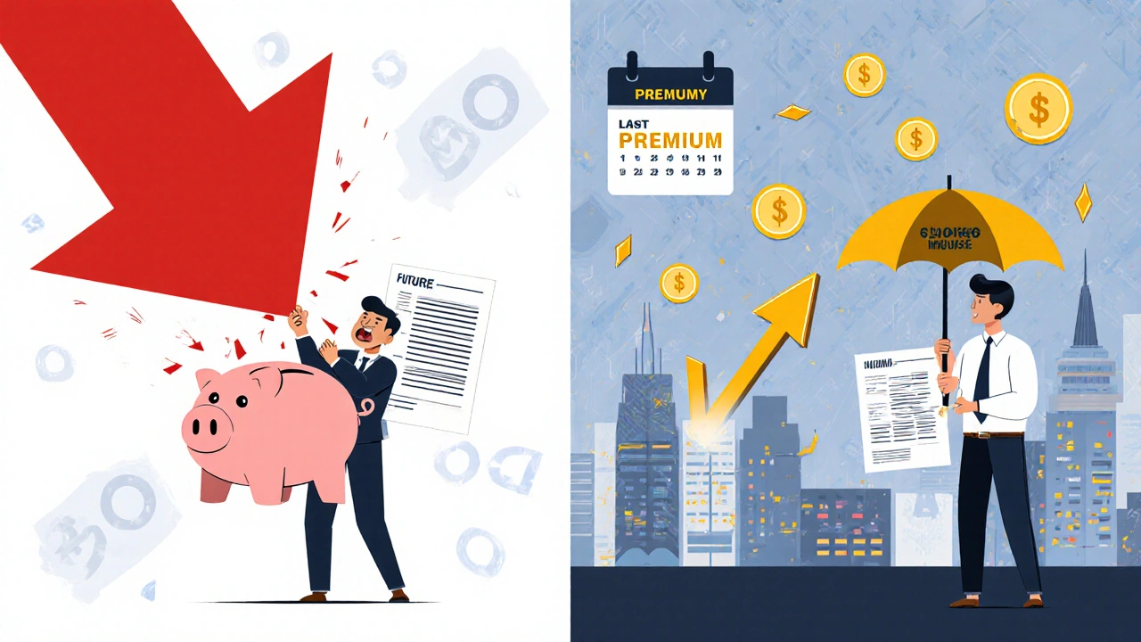 Split scene: trader crushed by futures vs. protected by options in vibrant geometric style