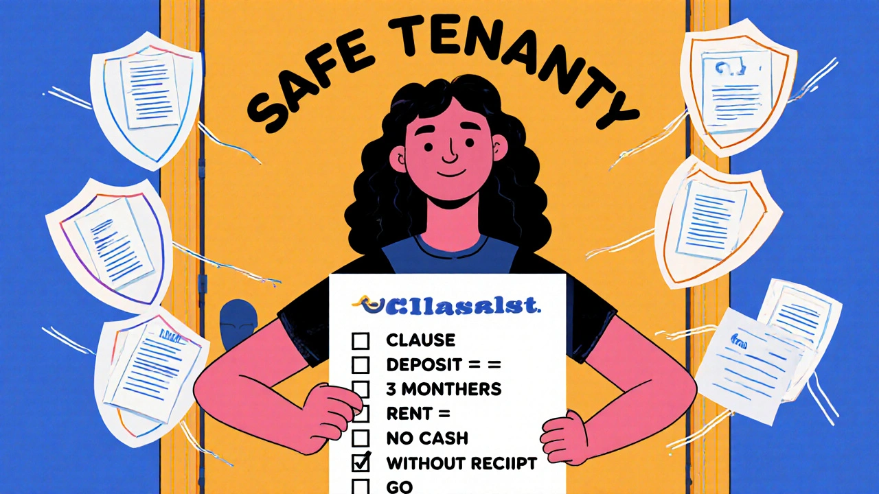 Tenant holding a checklist of rent agreement clauses with protective legal shields in Memphis design style.
