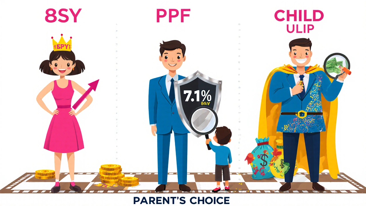 Three cartoon characters representing SSY, PPF, and Child ULIP, each with distinct symbols of returns, lock-ins, and fees on a parent&#039;s choice chessboard.