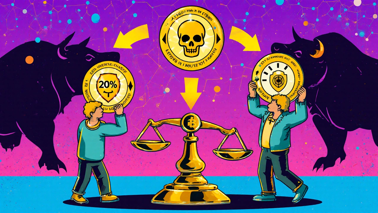 Three figures with tokens causing market scale to tip, geometric blockchain background