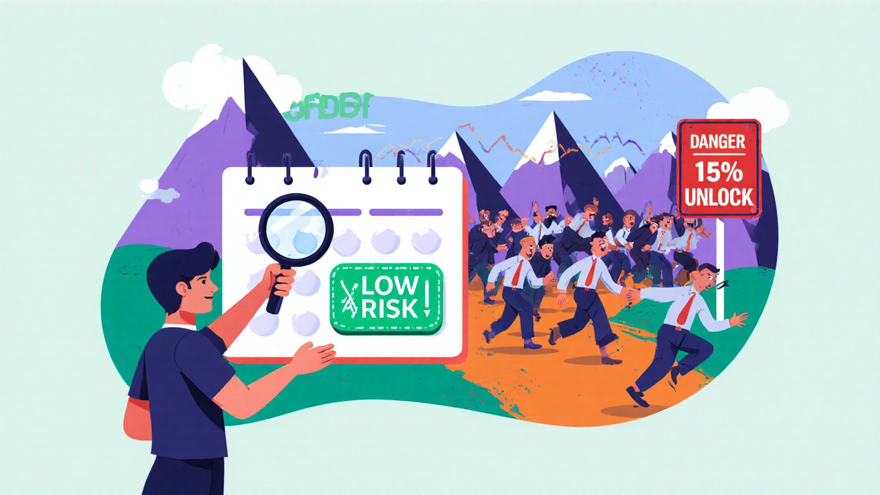 Trader selling early while crowd panics near unlock warning, colorful Memphis design