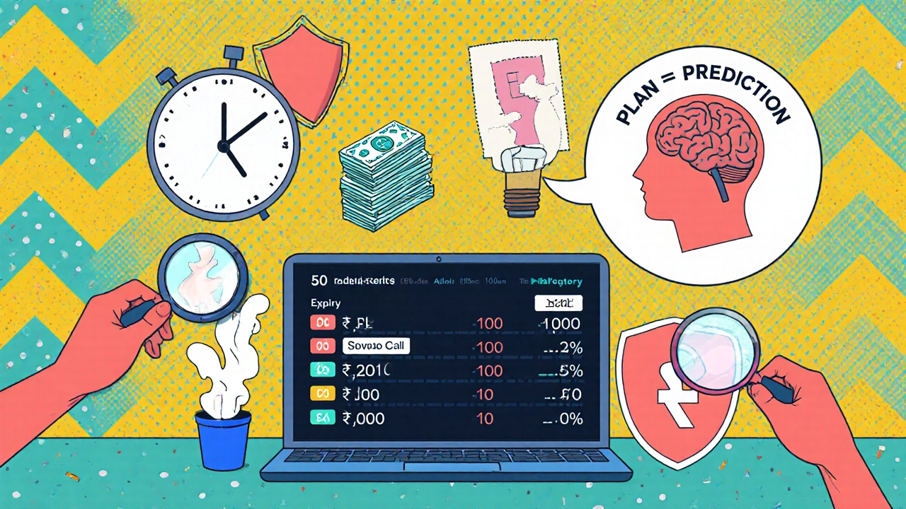 Trading desk with expiry clock, stop-loss shield, and option chain in Memphis Design colors