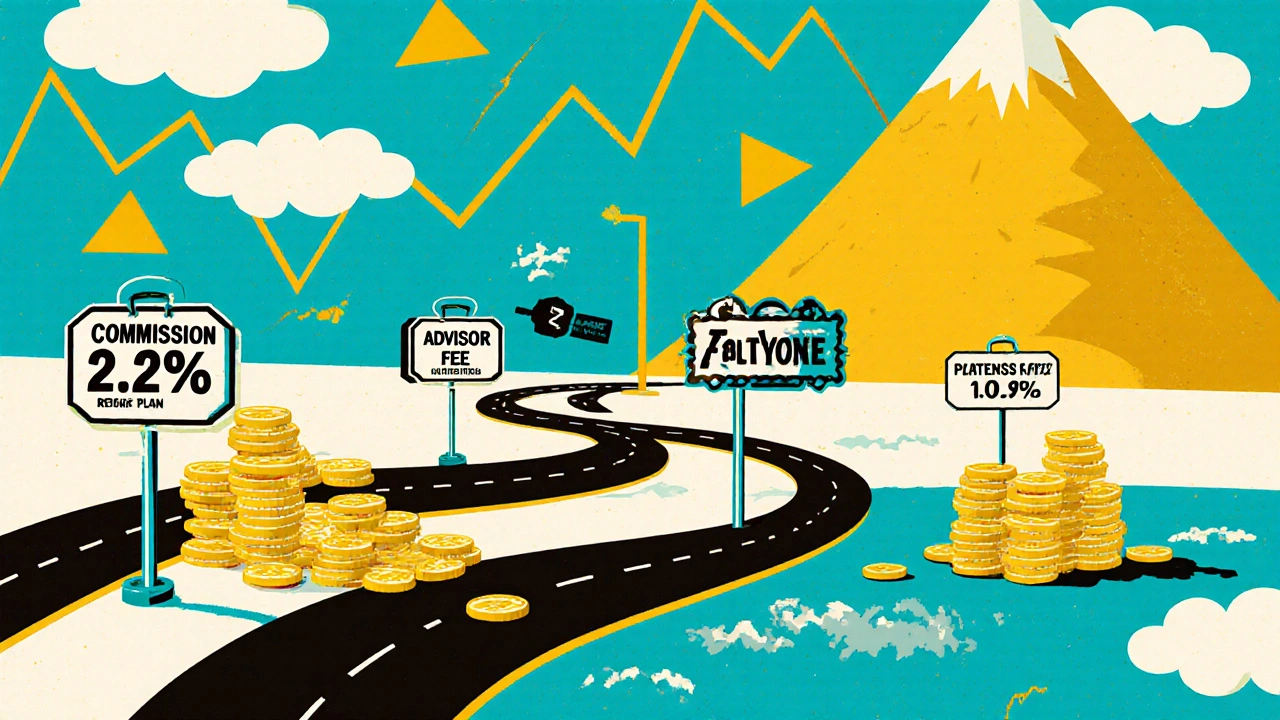 Two investment paths: one crowded with fees ending in small coins, one clean leading to large gold pile