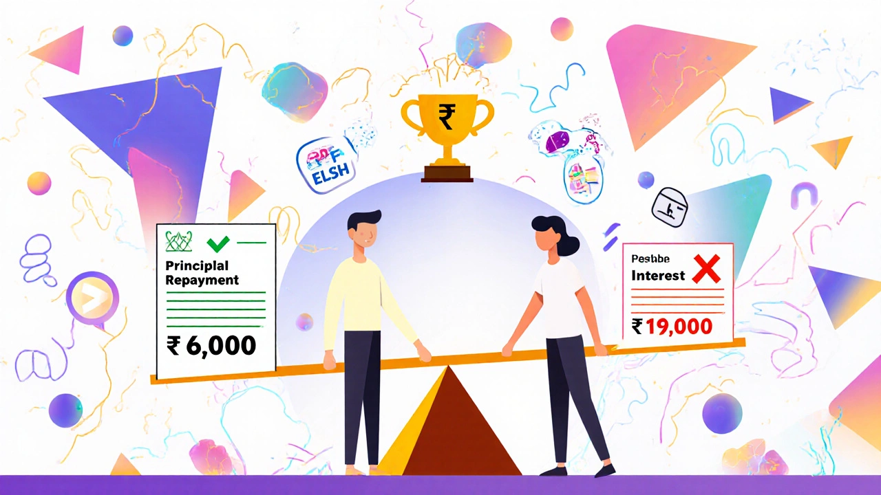 Two people on a seesaw with home loan components, surrounded by investment icons and a ₹1.5 lakh trophy in Memphis design style.