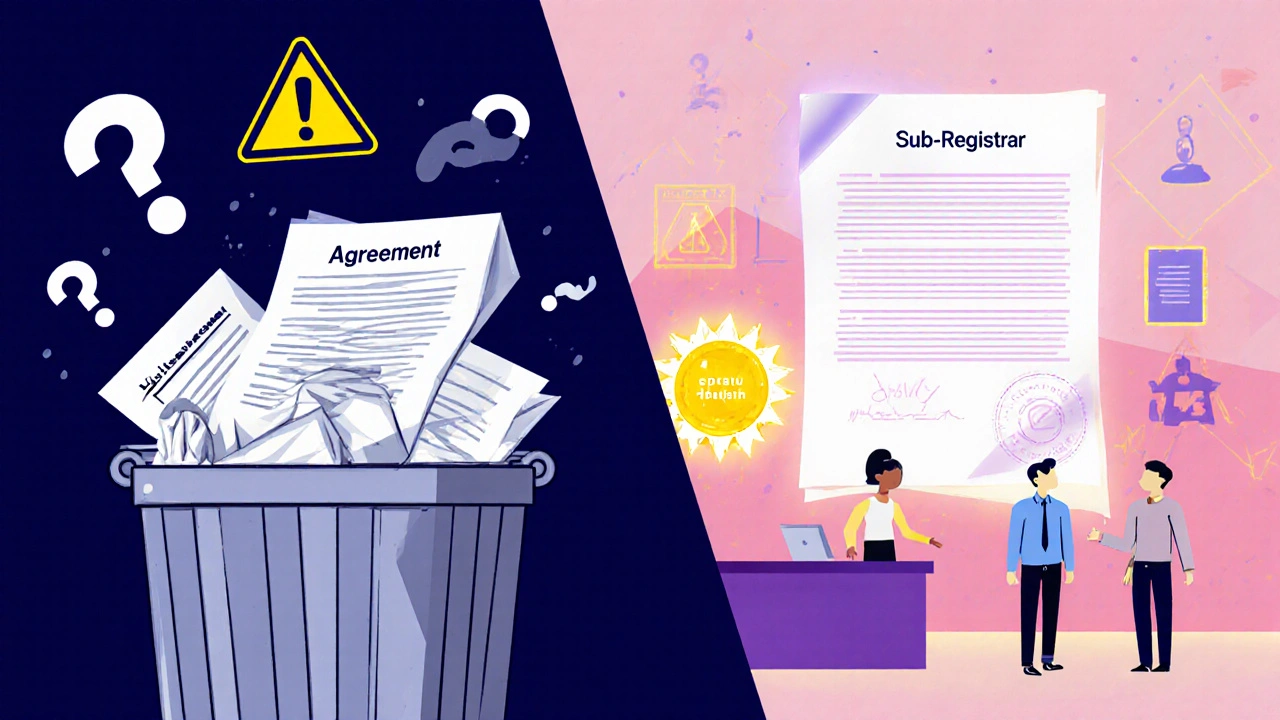 Unregistered agreement in trash vs registered document with official stamp and witnesses in stylized geometric scene.