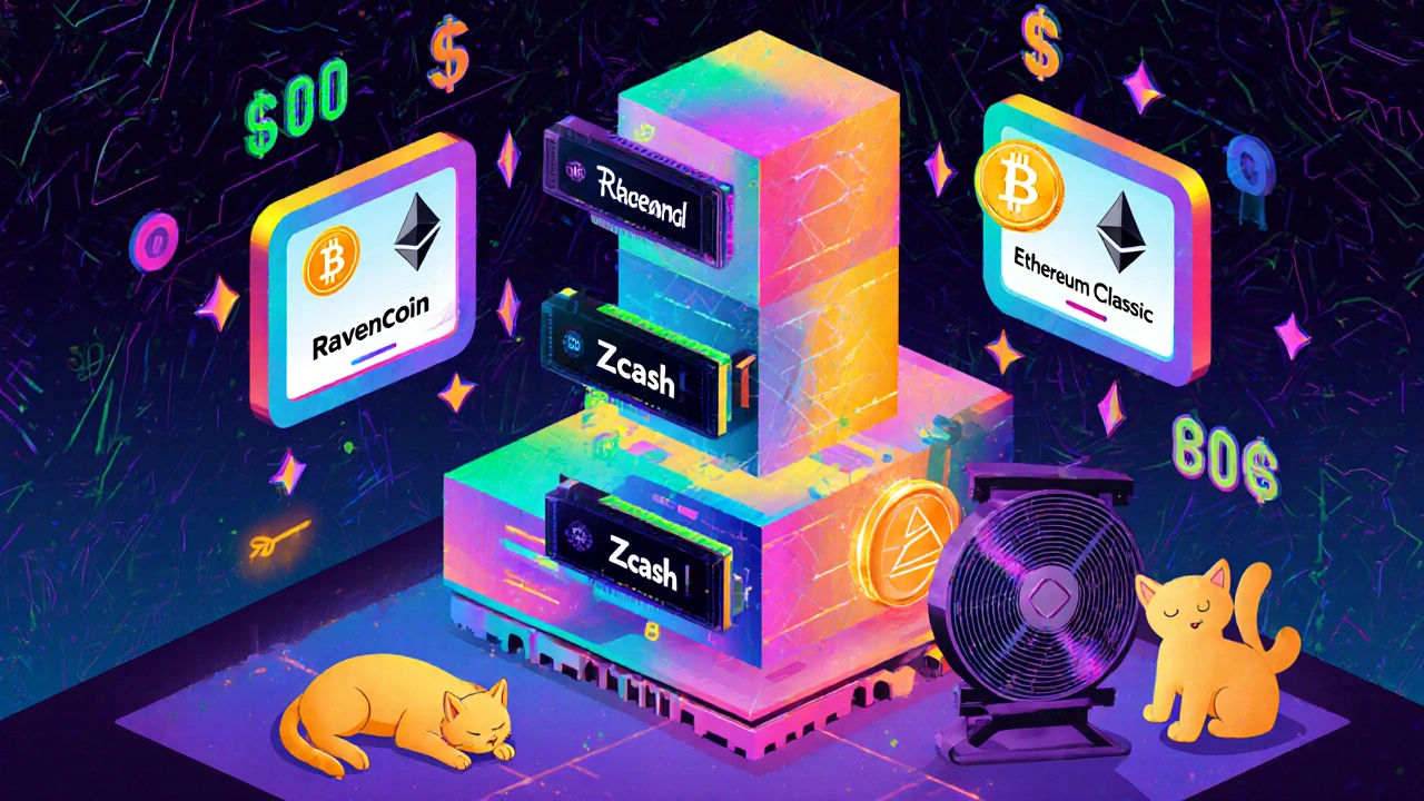 Vibrant GPU mining rig with floating coin labels and cat napping nearby