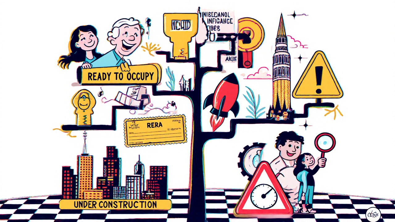 Whimsical decision tree showing two real estate paths with keys, rockets, and RERA certificates in Memphis style.