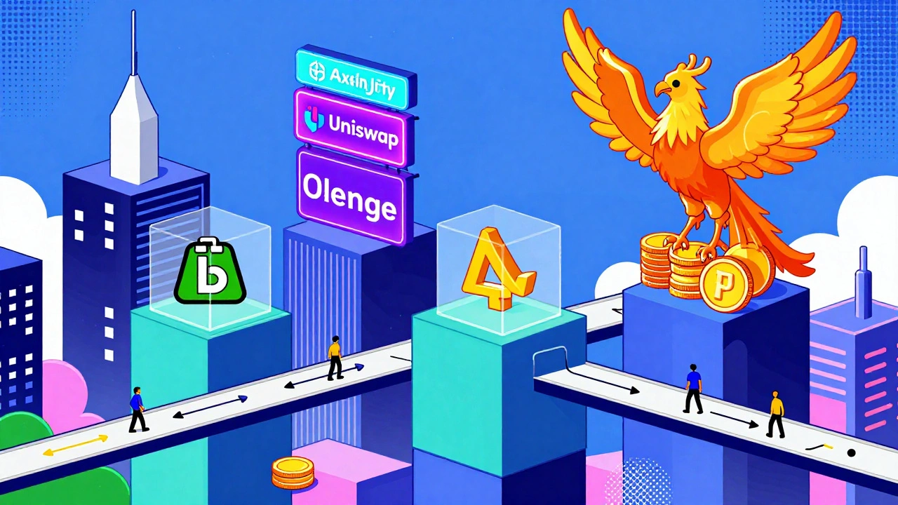 A blockchain city skyline with dApp signs and a phoenix rising from ETH coins.