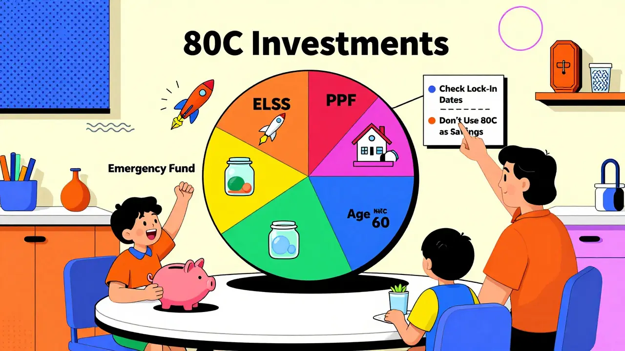A family at a table with a pie chart of 80C options, a separate emergency piggy bank, and a checklist, rendered in vibrant Memphis geometric patterns.
