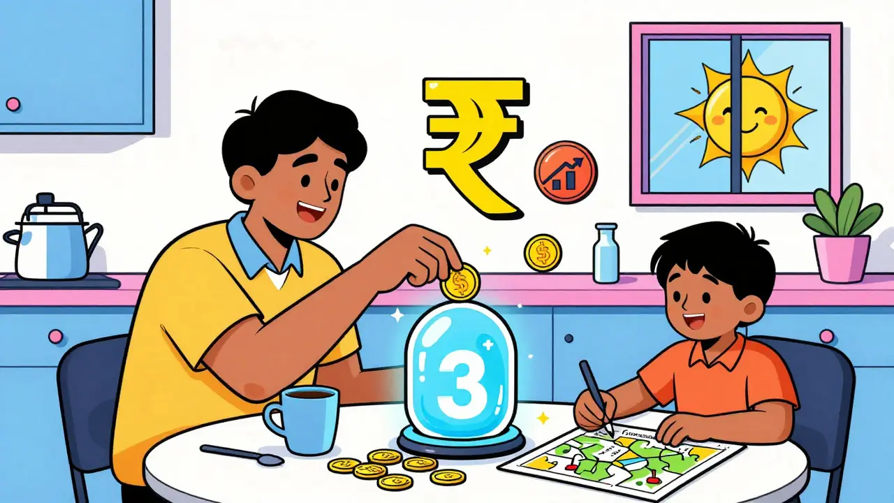 A family deposits SIP coins into a glowing 3-year time capsule, with a child drawing a wealth map, in vibrant Memphis design.