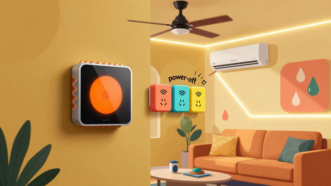 A lively Indian living room with a smart thermostat and smart plugs turning off an AC unit.
