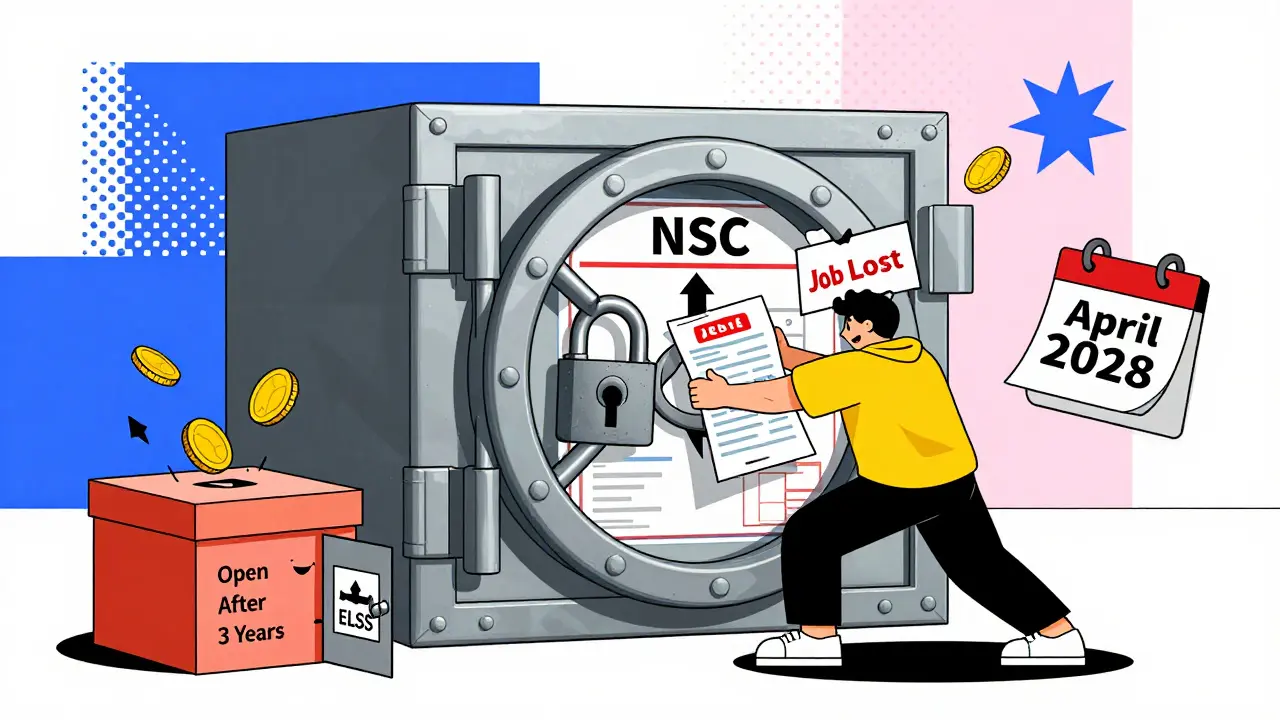 A person pounding on a vault shaped like an NSC certificate, while an ELSS box opens with coins flying out, all in bold Memphis Design style.