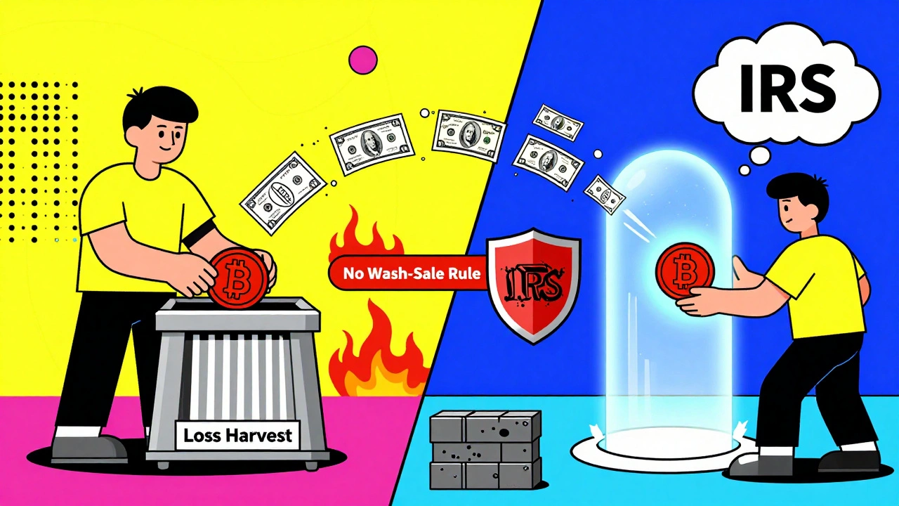 A person selling a Bitcoin coin and instantly buying it back, with tax forms disappearing.