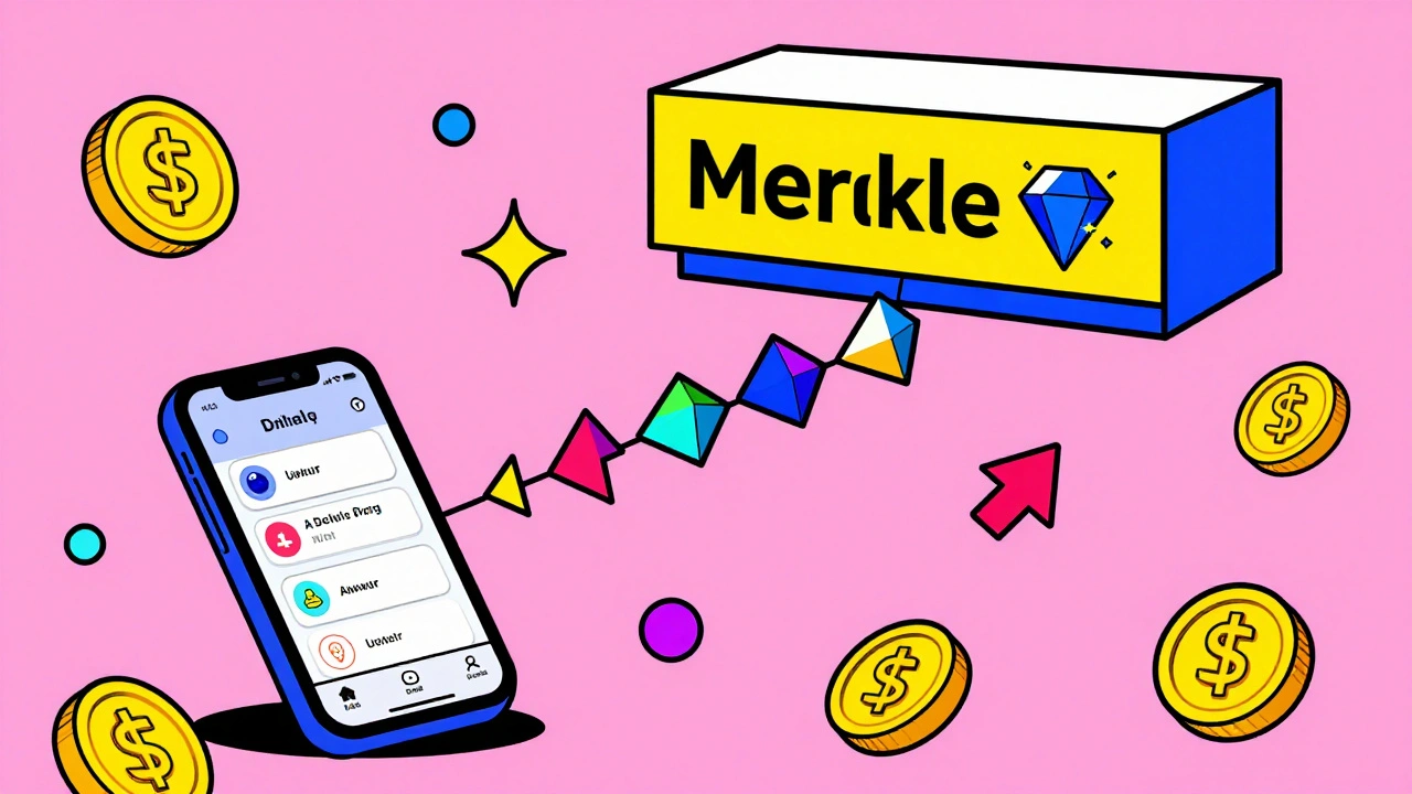 A phone sending colorful hash links to a block header, with floating transaction icons in Memphis style.