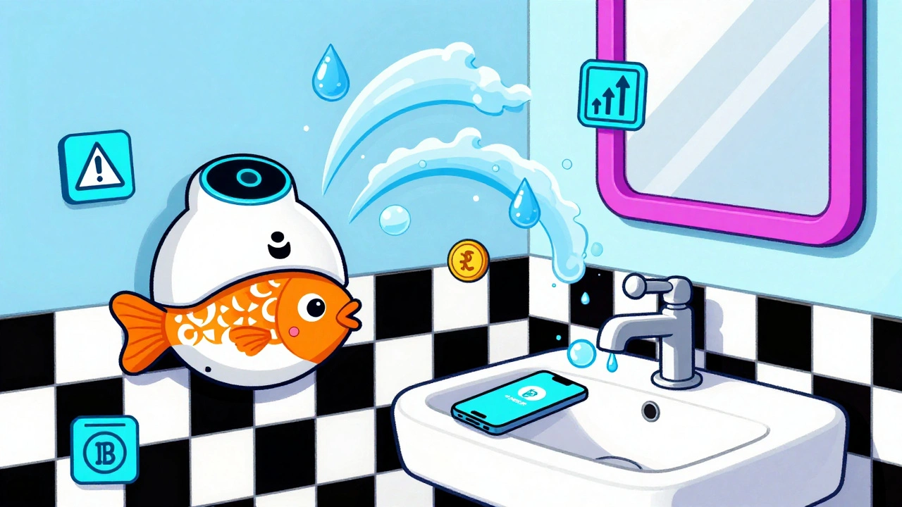 A playful bathroom scene with a smart water detector sending leak alerts in bold Memphis patterns.