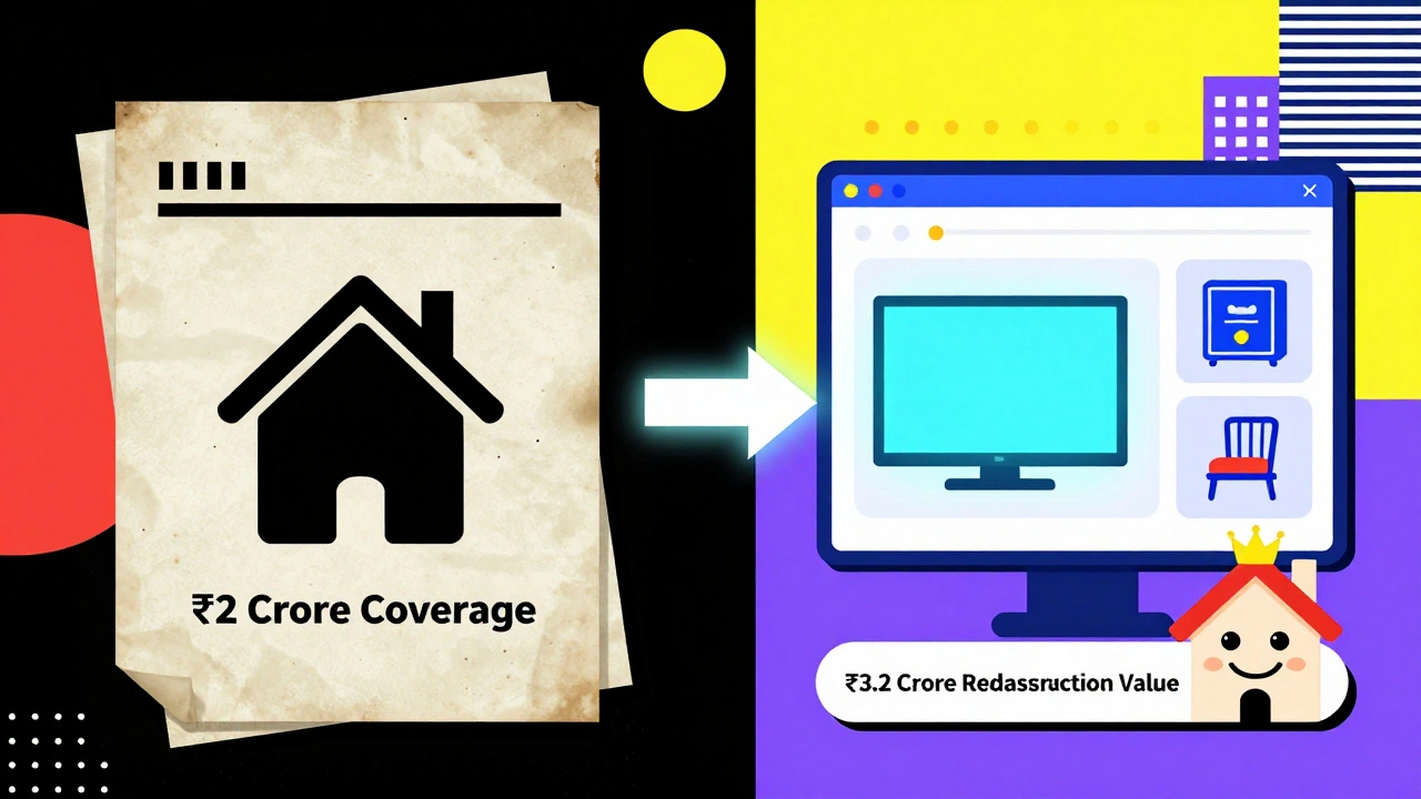 A split scene comparing underinsured home vs. properly covered home in bold Memphis design colors.