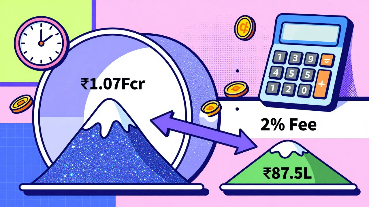 A time tunnel showing two investment paths ending in vastly different wealth outcomes due to fee differences.