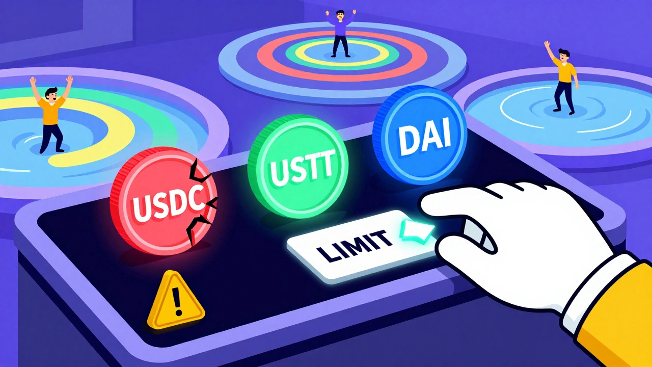 A trading desk with glowing USDC, USDT, and DAI tokens, one cracking, as a hand places a limit order.