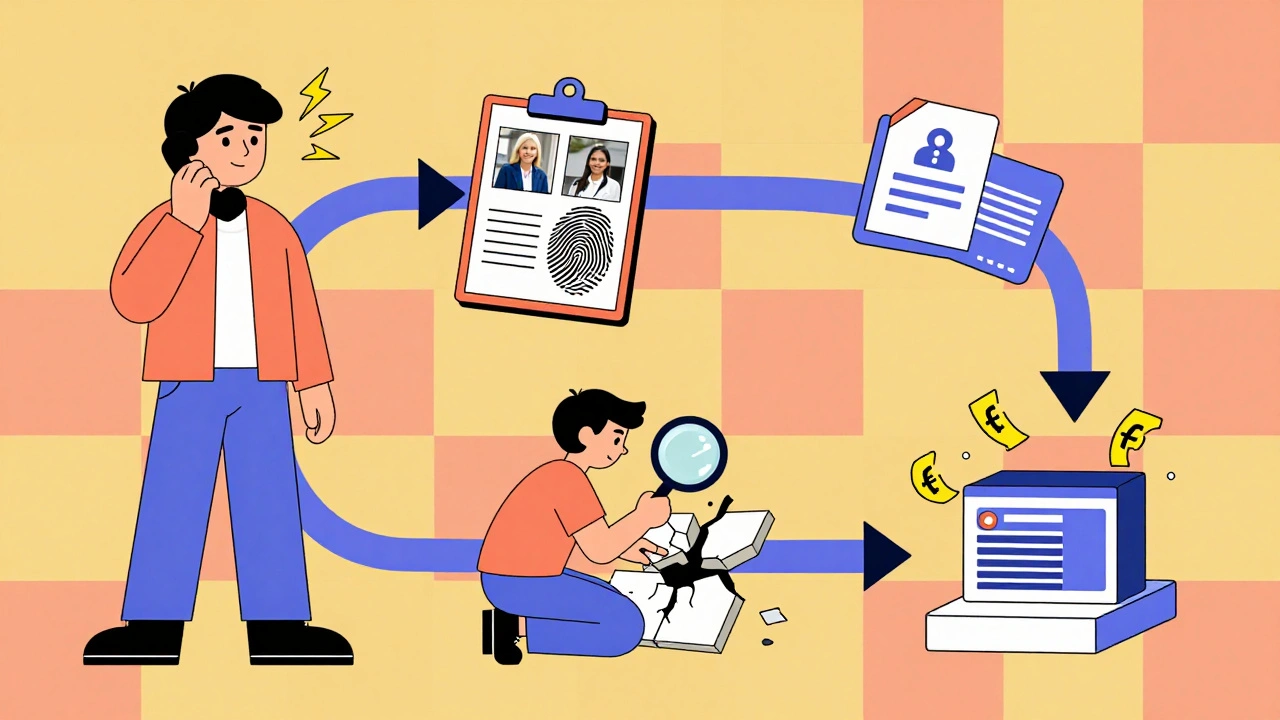 A whimsical flowchart showing steps to file a property insurance claim with geometric icons and rupee symbols.