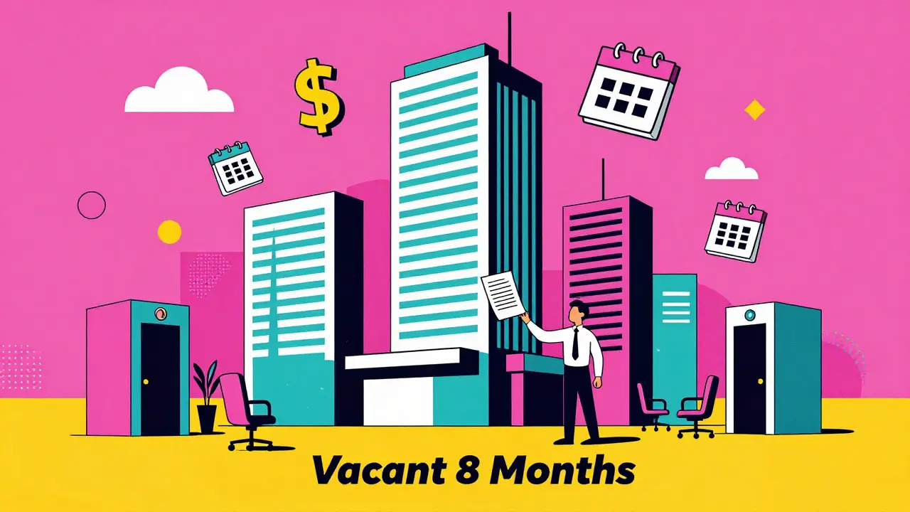 Abstract commercial tower with vacant floor and floating dollar signs in bold colors