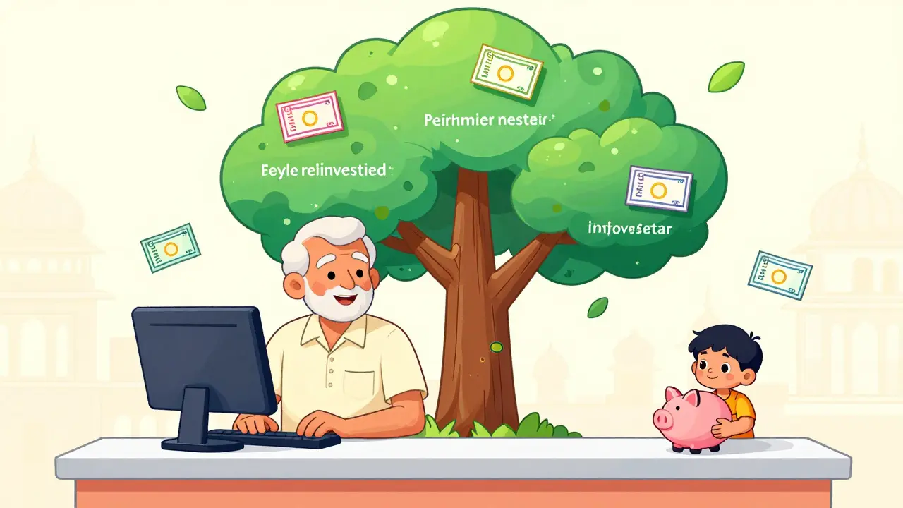 An elderly man withdrawing NSC maturity amount, with a growing interest tree and e-certificates floating nearby.