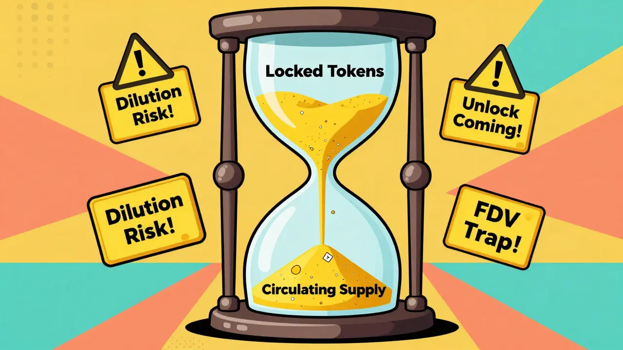 An hourglass filled with token-shaped sand pouring from locked tokens into circulating supply, surrounded by warning signs in bold Memphis design.