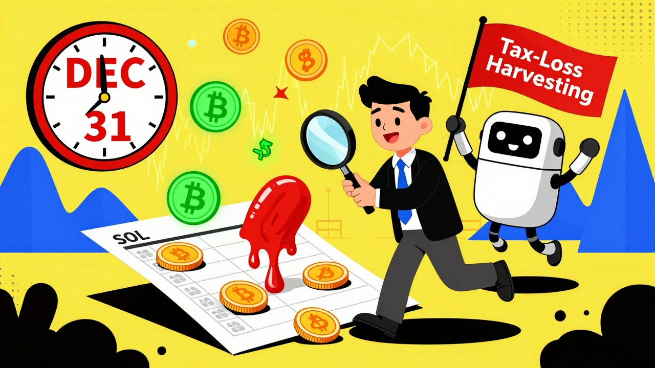 An investor examining a chaotic crypto spreadsheet with red and green coins, near a deadline clock.